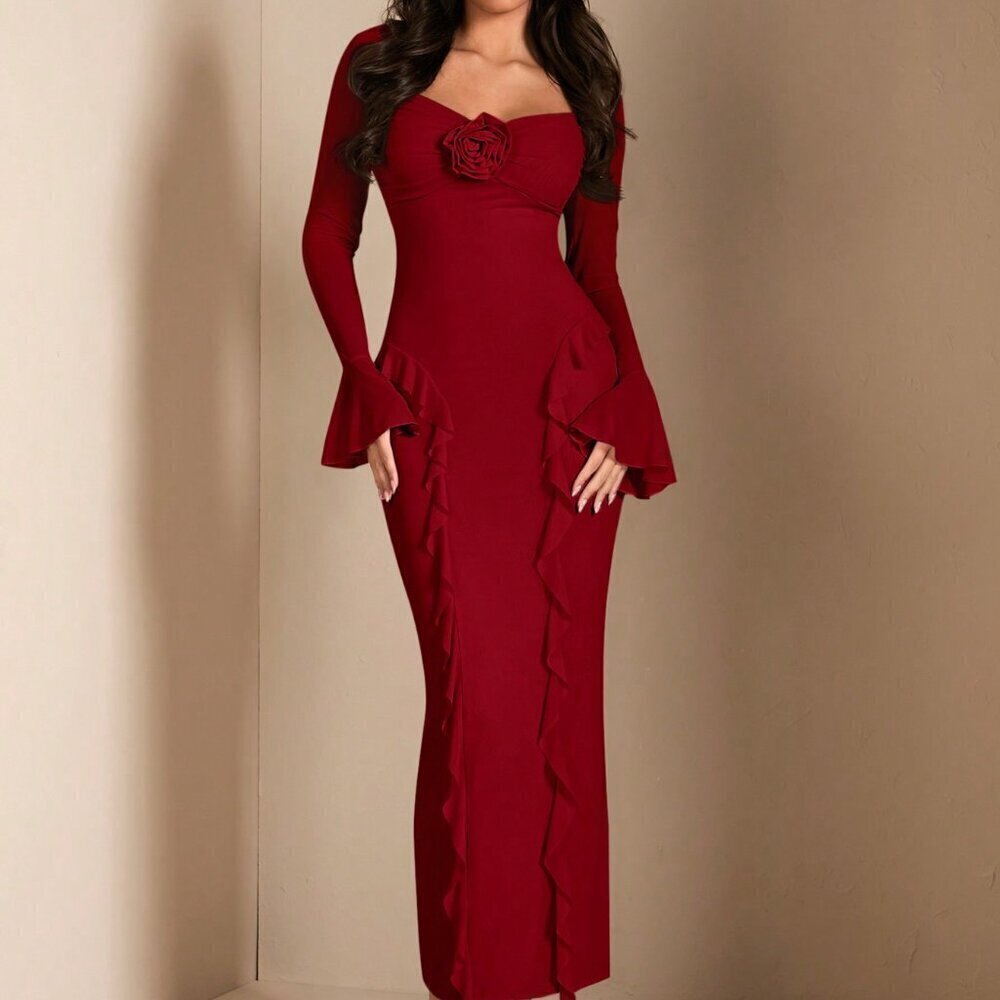 Red Elegant Women's Flounce Trim Long Sleeve Fitted Dress